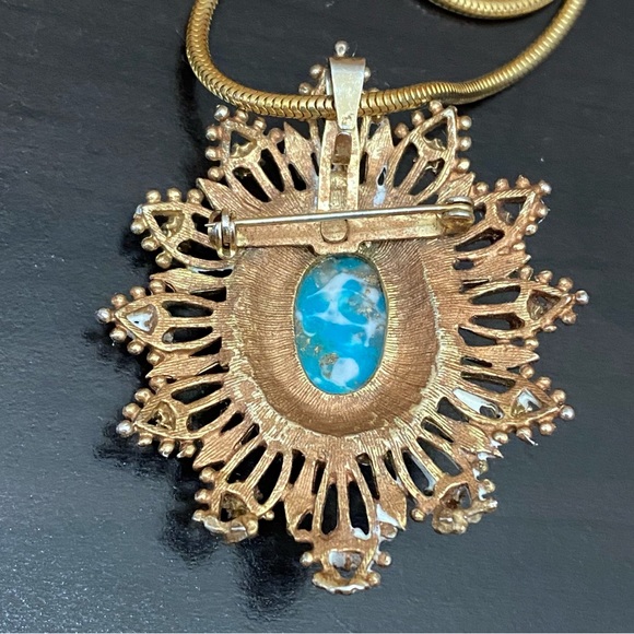 Vintage Cabochon Pearl Rhinestones Sunburst Pendant Round Snake Chain Necklace - Picture 8 of 12